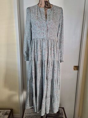 Storia Pale Blue Floral Long Sleeve Tiered Maxi Dress